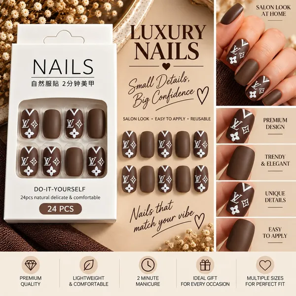 24_Pcs_Brown_Monogram_Style_Press_On_Nails_For_Women_Glossy_Chocolate_Brown_Artificial_Nails_With_White_Floral_And_Geometric_Accent_Design_Elegant_Diy_Nail_Art_Set