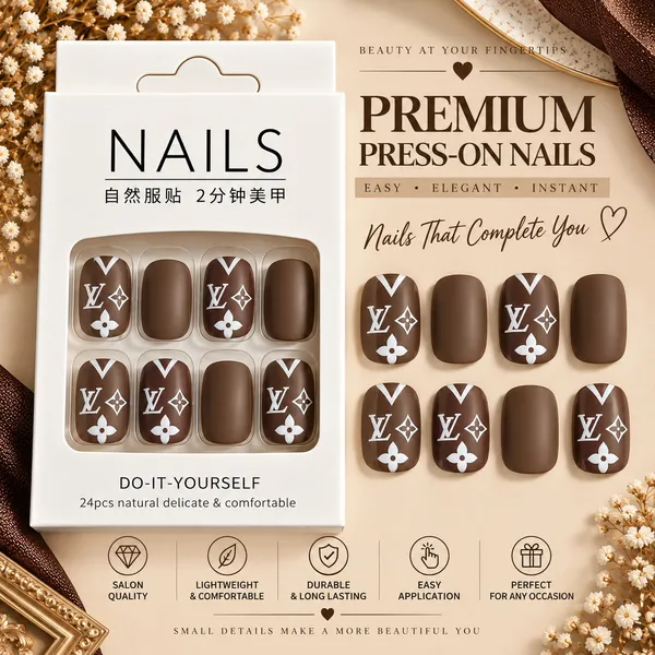 24_Pcs_Brown_Monogram_Style_Press_On_Nails_For_Women_Glossy_Chocolate_Brown_Artificial_Nails_With_White_Floral_And_Geometric_Accent_Design_Elegant_Diy_Nail_Art_Set