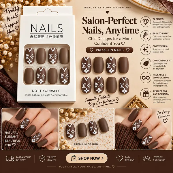 24_Pcs_Brown_Monogram_Style_Press_On_Nails_For_Women_Glossy_Chocolate_Brown_Artificial_Nails_With_White_Floral_And_Geometric_Accent_Design_Elegant_Diy_Nail_Art_Set
