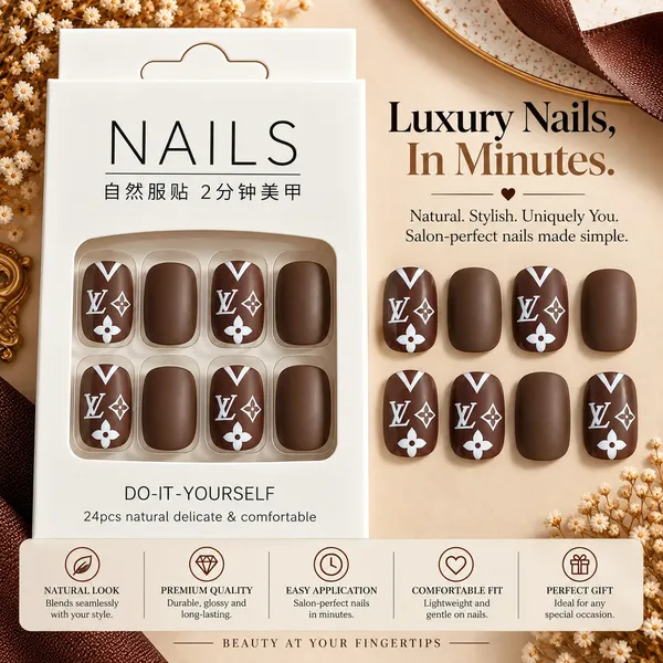 24_Pcs_Brown_Monogram_Style_Press_On_Nails_For_Women_Glossy_Chocolate_Brown_Artificial_Nails_With_White_Floral_And_Geometric_Accent_Design_Elegant_Diy_Nail_Art_Set