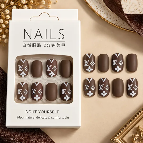 24_Pcs_Brown_Monogram_Style_Press_On_Nails_For_Women_Glossy_Chocolate_Brown_Artificial_Nails_With_White_Floral_And_Geometric_Accent_Design_Elegant_Diy_Nail_Art_Set