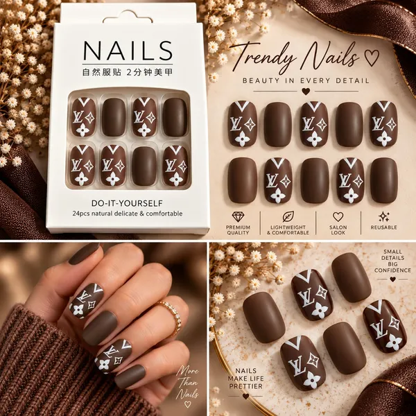 24_Pcs_Brown_Monogram_Style_Press_On_Nails_For_Women_Glossy_Chocolate_Brown_Artificial_Nails_With_White_Floral_And_Geometric_Accent_Design_Elegant_Diy_Nail_Art_Set