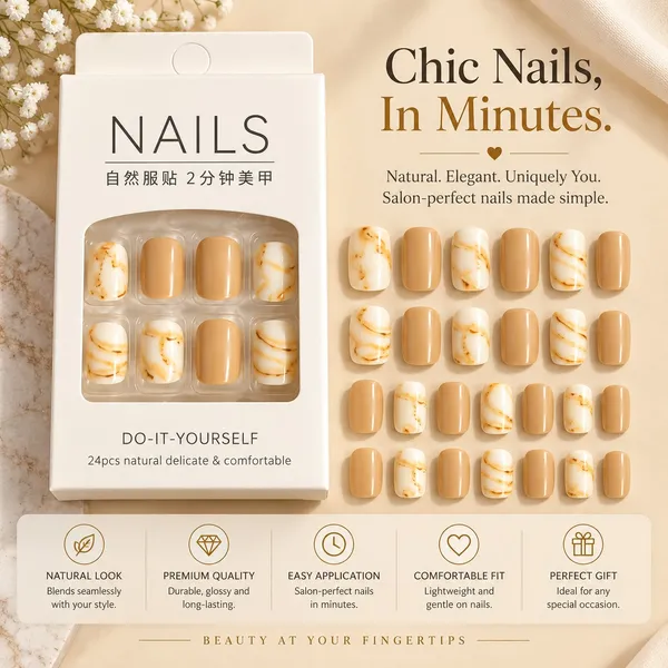 24_Pcs_Nude_Marble_Press_On_Nails_For_Women_Beige_And_Cream_Glossy_Artificial_Nail_Set_With_Golden_Marble_Veins_Multiple_Sizes_For_Diy_Manicure_Party_Wedding_And_Everyday_Wear
