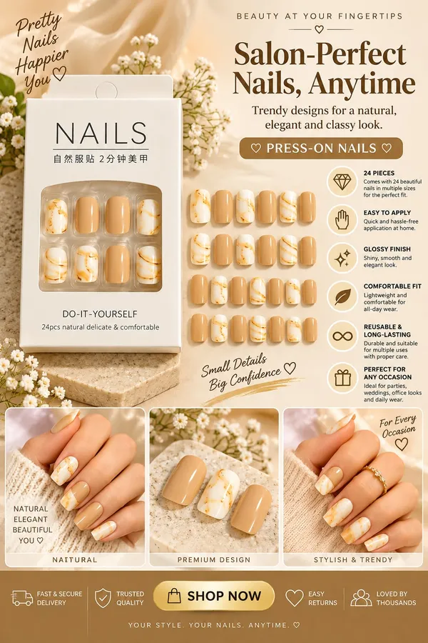 24_Pcs_Nude_Marble_Press_On_Nails_For_Women_Beige_And_Cream_Glossy_Artificial_Nail_Set_With_Golden_Marble_Veins_Multiple_Sizes_For_Diy_Manicure_Party_Wedding_And_Everyday_Wear