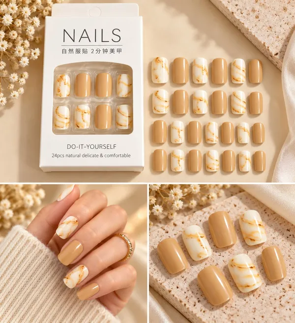 24_Pcs_Nude_Marble_Press_On_Nails_For_Women_Beige_And_Cream_Glossy_Artificial_Nail_Set_With_Golden_Marble_Veins_Multiple_Sizes_For_Diy_Manicure_Party_Wedding_And_Everyday_Wear