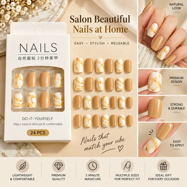 24_Pcs_Nude_Marble_Press_On_Nails_For_Women_Beige_And_Cream_Glossy_Artificial_Nail_Set_With_Golden_Marble_Veins_Multiple_Sizes_For_Diy_Manicure_Party_Wedding_And_Everyday_Wear