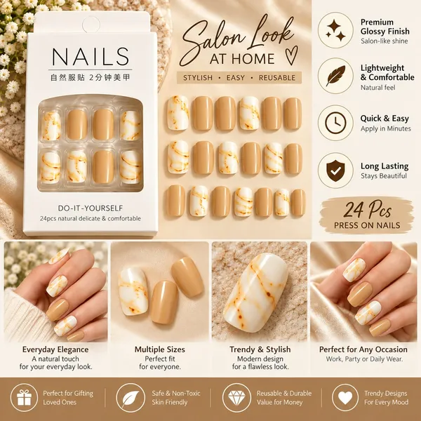 24_Pcs_Nude_Marble_Press_On_Nails_For_Women_Beige_And_Cream_Glossy_Artificial_Nail_Set_With_Golden_Marble_Veins_Multiple_Sizes_For_Diy_Manicure_Party_Wedding_And_Everyday_Wear