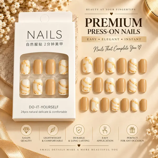 24_Pcs_Nude_Marble_Press_On_Nails_For_Women_Beige_And_Cream_Glossy_Artificial_Nail_Set_With_Golden_Marble_Veins_Multiple_Sizes_For_Diy_Manicure_Party_Wedding_And_Everyday_Wear