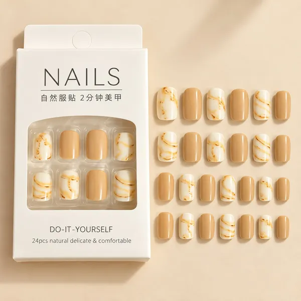 24_Pcs_Nude_Marble_Press_On_Nails_For_Women_Beige_And_Cream_Glossy_Artificial_Nail_Set_With_Golden_Marble_Veins_Multiple_Sizes_For_Diy_Manicure_Party_Wedding_And_Everyday_Wear