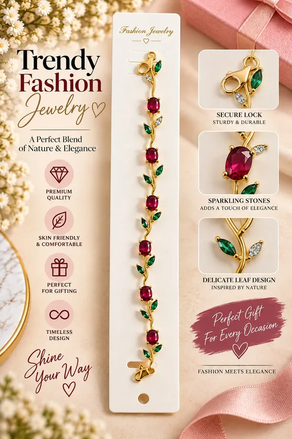 Elegant_Gold_Tone_Red_Ruby_Leaf_Vine_Bracelet_For_Women_With_Sparkling_Red_Gemstones_And_Green_Leaf_Accents_Floral_Inspired_Statement_Fashion_Jewellery_For_Party_Wedding_And_Festive_Wear