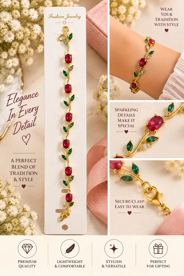 Elegant_Gold_Tone_Red_Ruby_Leaf_Vine_Bracelet_For_Women_With_Sparkling_Red_Gemstones_And_Green_Leaf_Accents_Floral_Inspired_Statement_Fashion_Jewellery_For_Party_Wedding_And_Festive_Wear