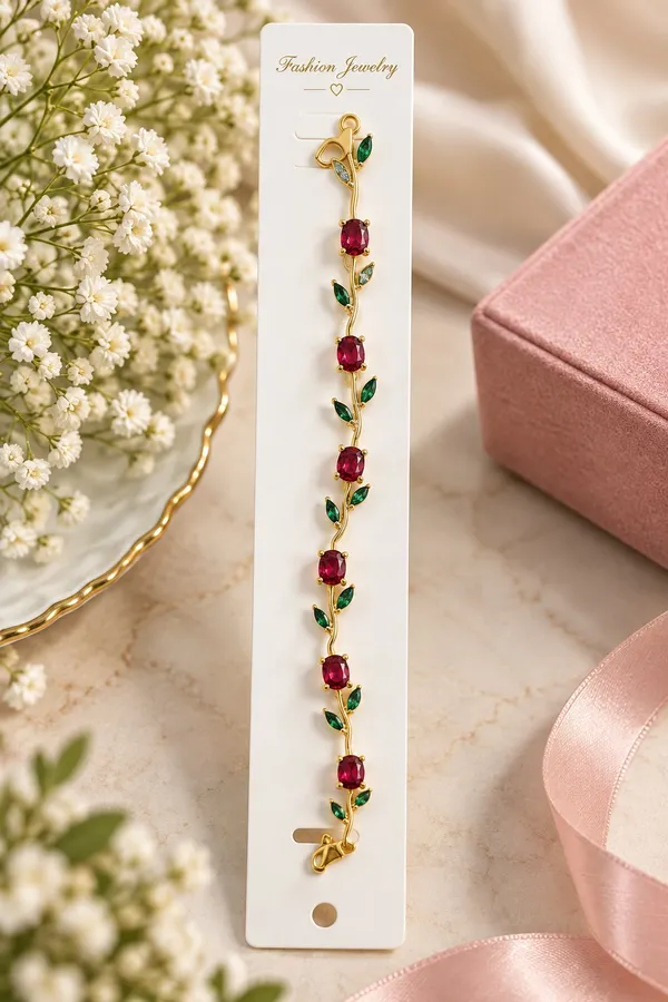 Elegant_Gold_Tone_Red_Ruby_Leaf_Vine_Bracelet_For_Women_With_Sparkling_Red_Gemstones_And_Green_Leaf_Accents_Floral_Inspired_Statement_Fashion_Jewellery_For_Party_Wedding_And_Festive_Wear