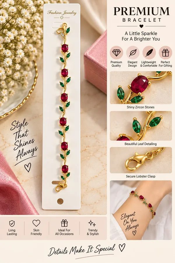 Elegant_Gold_Tone_Red_Ruby_Leaf_Vine_Bracelet_For_Women_With_Sparkling_Red_Gemstones_And_Green_Leaf_Accents_Floral_Inspired_Statement_Fashion_Jewellery_For_Party_Wedding_And_Festive_Wear