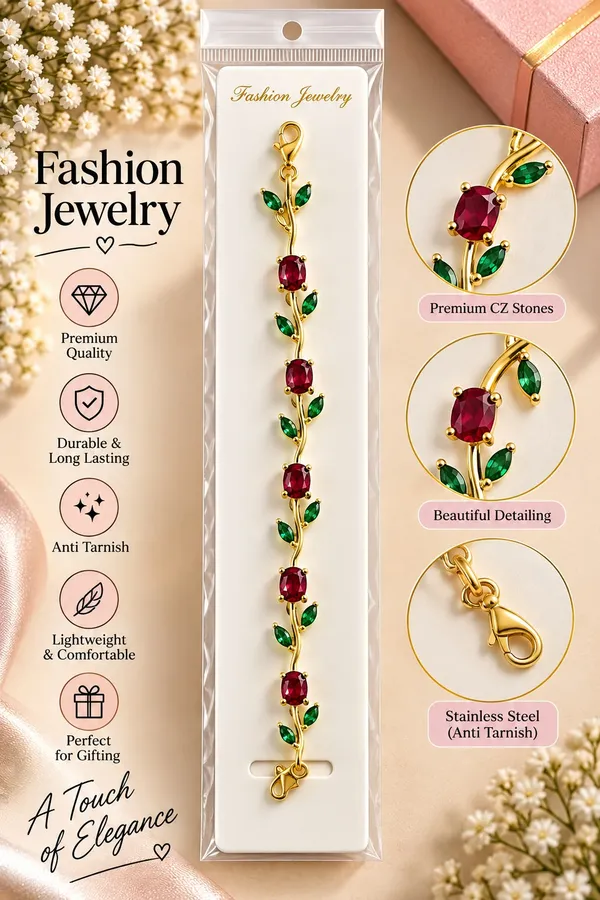Elegant_Gold_Tone_Red_Ruby_Leaf_Vine_Bracelet_For_Women_With_Sparkling_Red_Gemstones_And_Green_Leaf_Accents_Floral_Inspired_Statement_Fashion_Jewellery_For_Party_Wedding_And_Festive_Wear