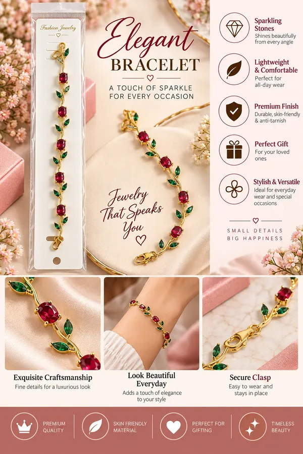 Elegant_Gold_Tone_Red_Ruby_Leaf_Vine_Bracelet_For_Women_With_Sparkling_Red_Gemstones_And_Green_Leaf_Accents_Floral_Inspired_Statement_Fashion_Jewellery_For_Party_Wedding_And_Festive_Wear