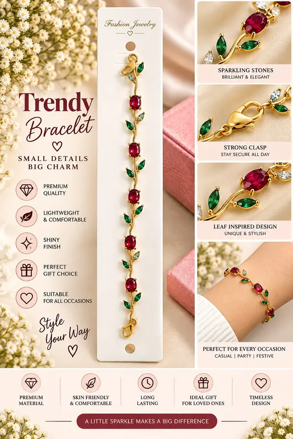 Elegant_Gold_Tone_Red_Ruby_Leaf_Vine_Bracelet_For_Women_With_Sparkling_Red_Gemstones_And_Green_Leaf_Accents_Floral_Inspired_Statement_Fashion_Jewellery_For_Party_Wedding_And_Festive_Wear