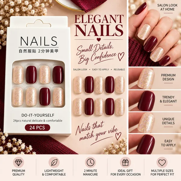24_Pcs_Burgundy_Glitter_Press_On_Nails_For_Women_Glossy_Wine_Red_And_Champagne_Sparkle_Artificial_Nails_Elegant_Diy_Nail_Art_Set_For_Party_Wedding_And_Festive_Occasions