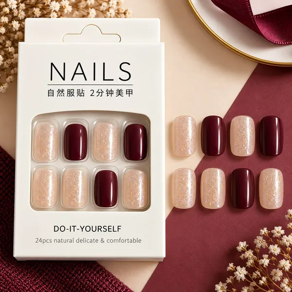 24_Pcs_Burgundy_Glitter_Press_On_Nails_For_Women_Glossy_Wine_Red_And_Champagne_Sparkle_Artificial_Nails_Elegant_Diy_Nail_Art_Set_For_Party_Wedding_And_Festive_Occasions