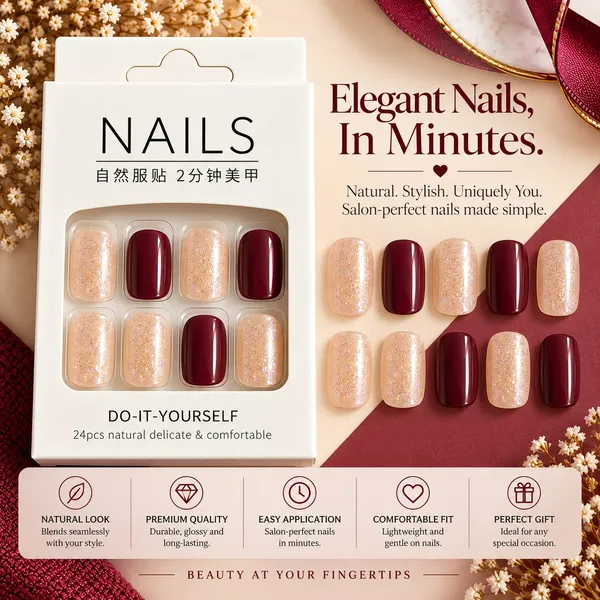 24_Pcs_Burgundy_Glitter_Press_On_Nails_For_Women_Glossy_Wine_Red_And_Champagne_Sparkle_Artificial_Nails_Elegant_Diy_Nail_Art_Set_For_Party_Wedding_And_Festive_Occasions