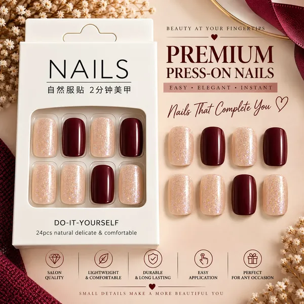 24_Pcs_Burgundy_Glitter_Press_On_Nails_For_Women_Glossy_Wine_Red_And_Champagne_Sparkle_Artificial_Nails_Elegant_Diy_Nail_Art_Set_For_Party_Wedding_And_Festive_Occasions