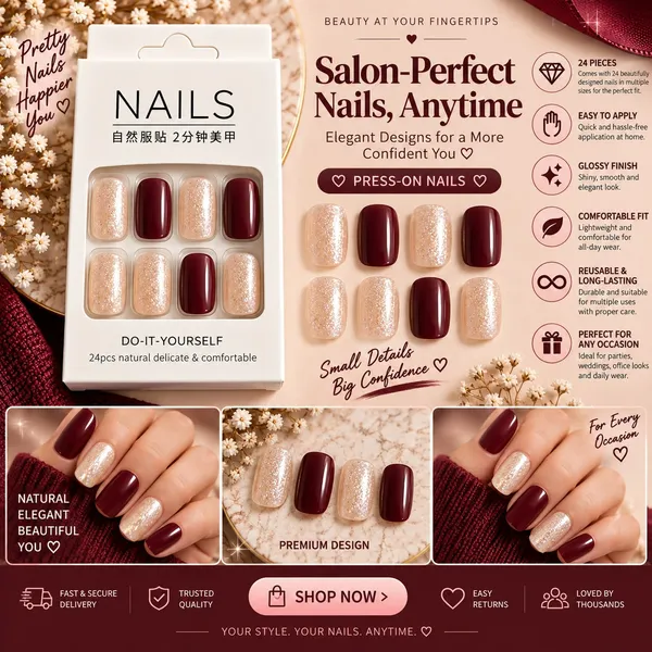 24_Pcs_Burgundy_Glitter_Press_On_Nails_For_Women_Glossy_Wine_Red_And_Champagne_Sparkle_Artificial_Nails_Elegant_Diy_Nail_Art_Set_For_Party_Wedding_And_Festive_Occasions