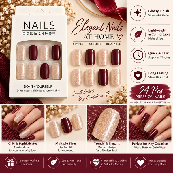 24_Pcs_Burgundy_Glitter_Press_On_Nails_For_Women_Glossy_Wine_Red_And_Champagne_Sparkle_Artificial_Nails_Elegant_Diy_Nail_Art_Set_For_Party_Wedding_And_Festive_Occasions