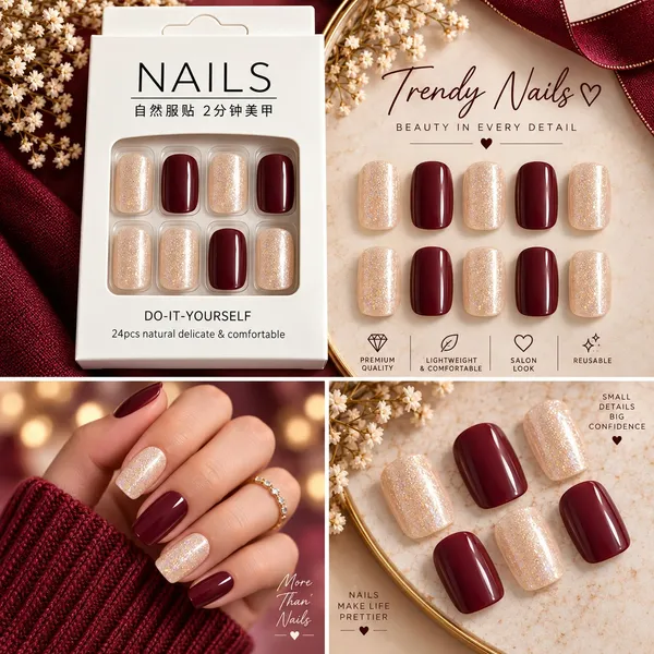 24_Pcs_Burgundy_Glitter_Press_On_Nails_For_Women_Glossy_Wine_Red_And_Champagne_Sparkle_Artificial_Nails_Elegant_Diy_Nail_Art_Set_For_Party_Wedding_And_Festive_Occasions