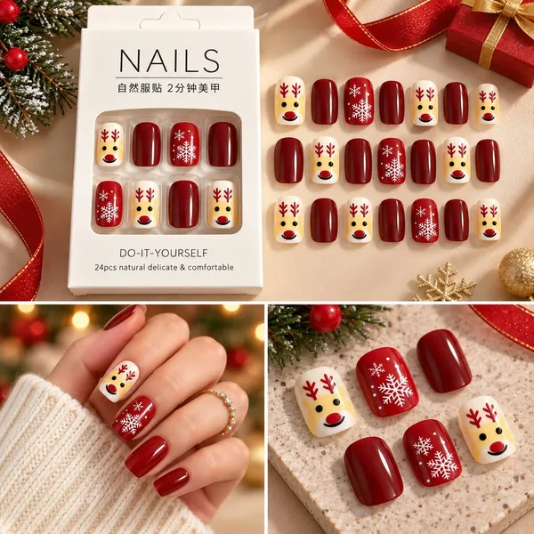 24_Pcs_Christmas_Reindeer_Press_On_Nails_For_Women_Red_And_White_Glossy_Artificial_Nails_With_Snowflake_And_Cute_Reindeer_Designs_Festive_Diy_Manicure_Set_For_Christmas_Party_And_Holiday_Wear
