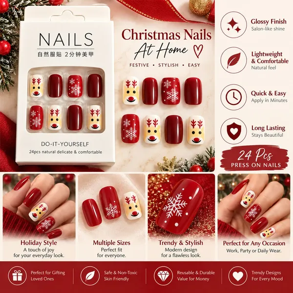24_Pcs_Christmas_Reindeer_Press_On_Nails_For_Women_Red_And_White_Glossy_Artificial_Nails_With_Snowflake_And_Cute_Reindeer_Designs_Festive_Diy_Manicure_Set_For_Christmas_Party_And_Holiday_Wear