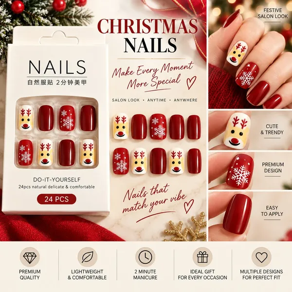 24_Pcs_Christmas_Reindeer_Press_On_Nails_For_Women_Red_And_White_Glossy_Artificial_Nails_With_Snowflake_And_Cute_Reindeer_Designs_Festive_Diy_Manicure_Set_For_Christmas_Party_And_Holiday_Wear