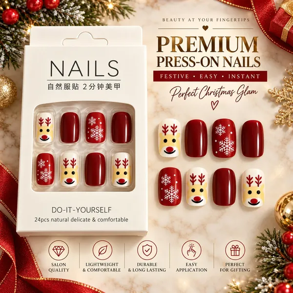24_Pcs_Christmas_Reindeer_Press_On_Nails_For_Women_Red_And_White_Glossy_Artificial_Nails_With_Snowflake_And_Cute_Reindeer_Designs_Festive_Diy_Manicure_Set_For_Christmas_Party_And_Holiday_Wear