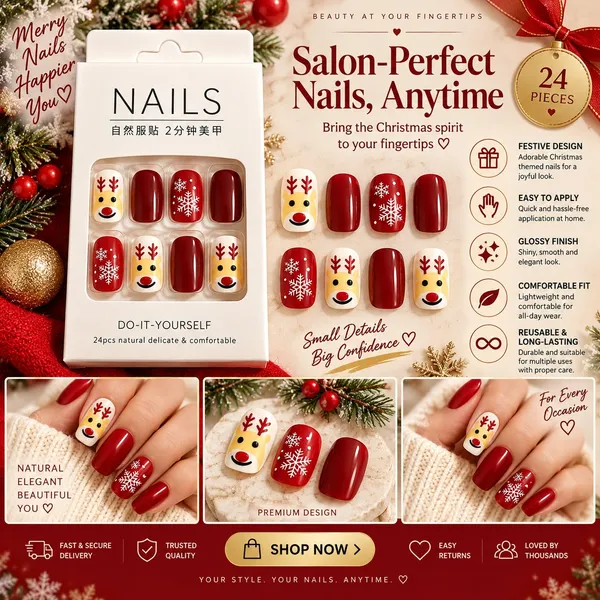 24_Pcs_Christmas_Reindeer_Press_On_Nails_For_Women_Red_And_White_Glossy_Artificial_Nails_With_Snowflake_And_Cute_Reindeer_Designs_Festive_Diy_Manicure_Set_For_Christmas_Party_And_Holiday_Wear