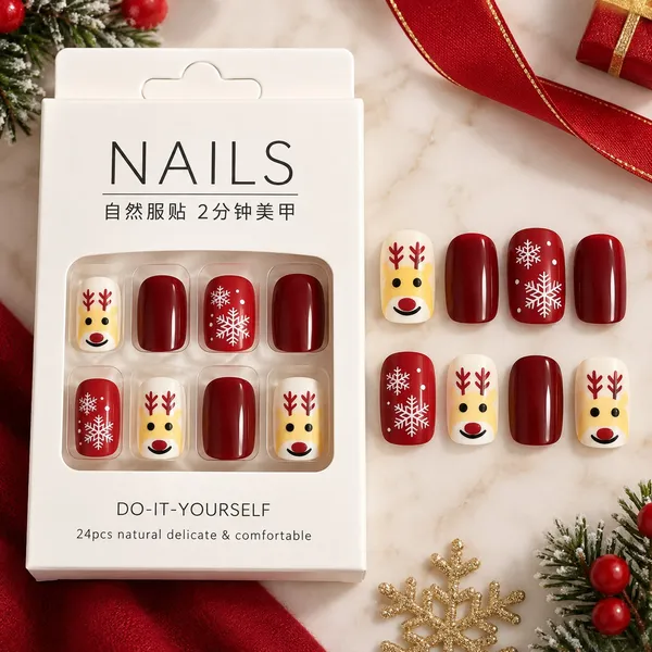 24_Pcs_Christmas_Reindeer_Press_On_Nails_For_Women_Red_And_White_Glossy_Artificial_Nails_With_Snowflake_And_Cute_Reindeer_Designs_Festive_Diy_Manicure_Set_For_Christmas_Party_And_Holiday_Wear