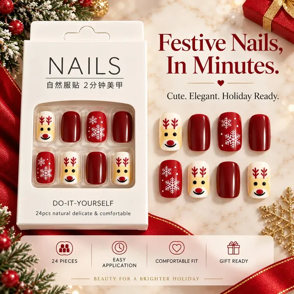24_Pcs_Christmas_Reindeer_Press_On_Nails_For_Women_Red_And_White_Glossy_Artificial_Nails_With_Snowflake_And_Cute_Reindeer_Designs_Festive_Diy_Manicure_Set_For_Christmas_Party_And_Holiday_Wear