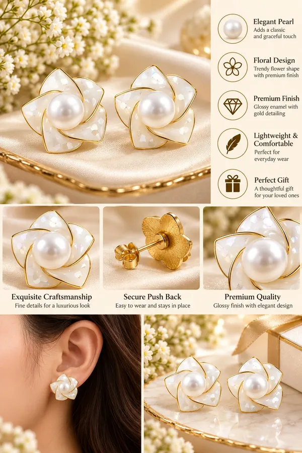 Elegant_White_Floral_Pearl_Stud_Earrings_For_Women_Mother_Of_Pearl_Effect_Flower_Design_Gold_Tone_Statement_Fashion_Jewellery