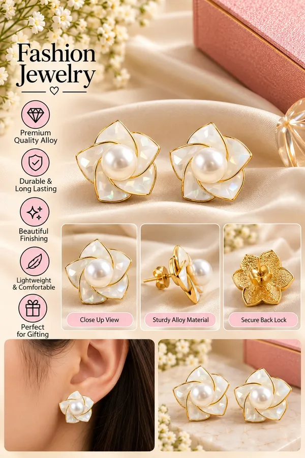 Elegant_White_Floral_Pearl_Stud_Earrings_For_Women_Mother_Of_Pearl_Effect_Flower_Design_Gold_Tone_Statement_Fashion_Jewellery