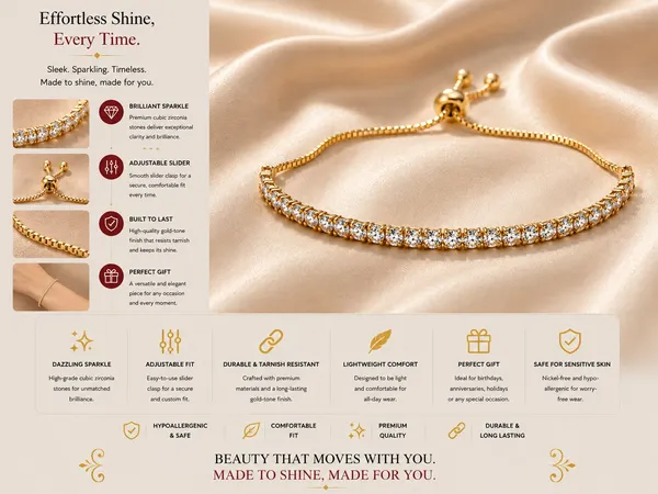 Elegant_Gold_Tone_Adjustable_Tennis_Bracelet_For_Women_With_Sparkling_Round_Crystal_Stones_Slim_Chain_Design_And_Sliding_Bolo_Clasp_Stylish_Fashion_Jewellery_For_Party_Wedding_Festive_And_Everyday_Wear