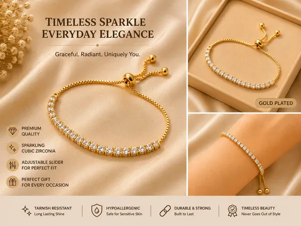 Elegant_Gold_Tone_Adjustable_Tennis_Bracelet_For_Women_With_Sparkling_Round_Crystal_Stones_Slim_Chain_Design_And_Sliding_Bolo_Clasp_Stylish_Fashion_Jewellery_For_Party_Wedding_Festive_And_Everyday_Wear