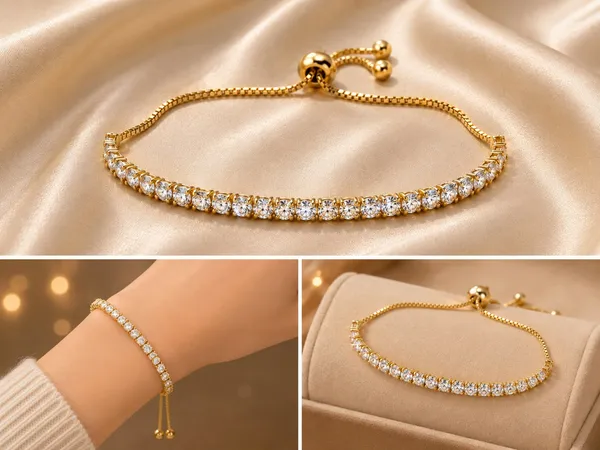Elegant_Gold_Tone_Adjustable_Tennis_Bracelet_For_Women_With_Sparkling_Round_Crystal_Stones_Slim_Chain_Design_And_Sliding_Bolo_Clasp_Stylish_Fashion_Jewellery_For_Party_Wedding_Festive_And_Everyday_Wear