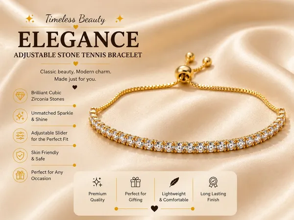 Elegant_Gold_Tone_Adjustable_Tennis_Bracelet_For_Women_With_Sparkling_Round_Crystal_Stones_Slim_Chain_Design_And_Sliding_Bolo_Clasp_Stylish_Fashion_Jewellery_For_Party_Wedding_Festive_And_Everyday_Wear