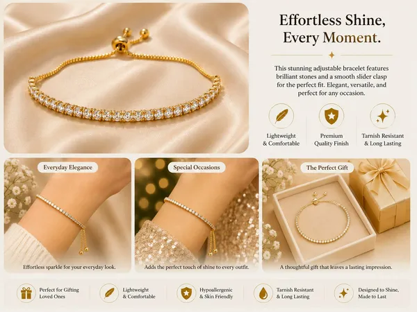 Elegant_Gold_Tone_Adjustable_Tennis_Bracelet_For_Women_With_Sparkling_Round_Crystal_Stones_Slim_Chain_Design_And_Sliding_Bolo_Clasp_Stylish_Fashion_Jewellery_For_Party_Wedding_Festive_And_Everyday_Wear