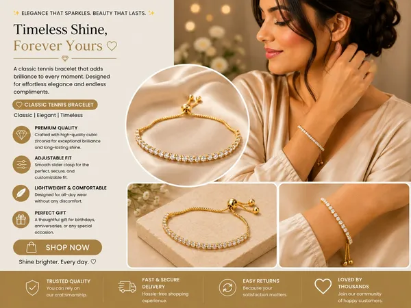 Elegant_Gold_Tone_Adjustable_Tennis_Bracelet_For_Women_With_Sparkling_Round_Crystal_Stones_Slim_Chain_Design_And_Sliding_Bolo_Clasp_Stylish_Fashion_Jewellery_For_Party_Wedding_Festive_And_Everyday_Wear