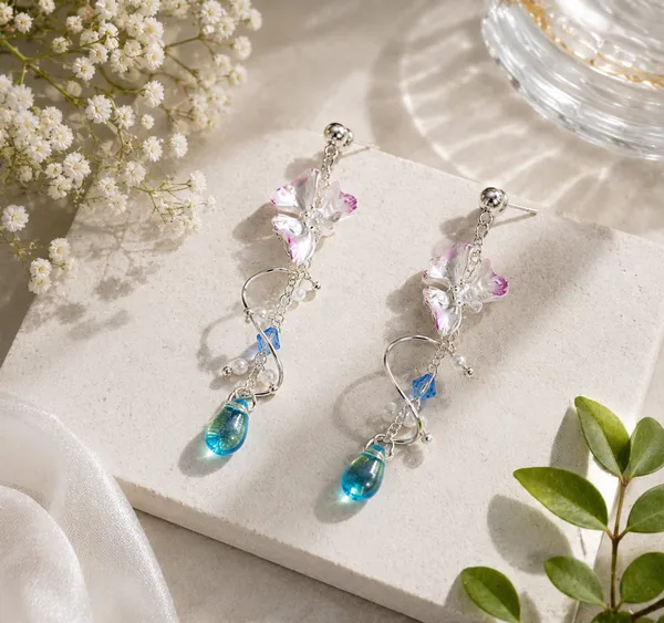 Elegant_Pink_Floral_Blue_Drop_Earrings_For_Women_Silver_Tone_Pearl_Beaded_Crystal_Statement_Jewellery_For_Party_Wedding_Festive_And_Stylish_Occasion_Wear