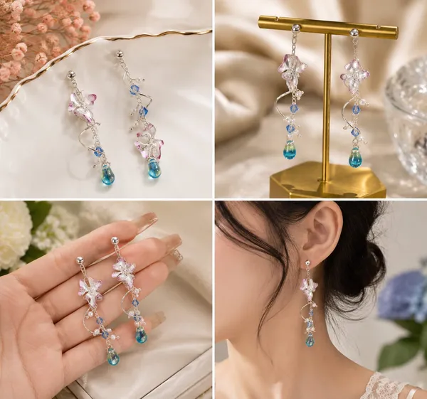 Elegant_Pink_Floral_Blue_Drop_Earrings_For_Women_Silver_Tone_Pearl_Beaded_Crystal_Statement_Jewellery_For_Party_Wedding_Festive_And_Stylish_Occasion_Wear