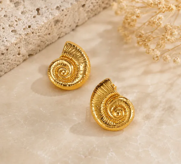 Elegant_Gold_Tone_Spiral_Shell_Stud_Earrings_For_Women_Textured_Nautical_Statement_Jewellery_For_Party_Wedding_Festive_Ethnic_And_Everyday_Wear