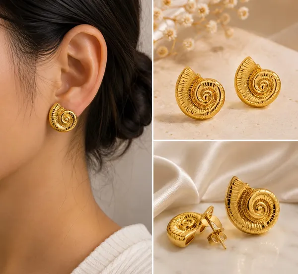 Elegant_Gold_Tone_Spiral_Shell_Stud_Earrings_For_Women_Textured_Nautical_Statement_Jewellery_For_Party_Wedding_Festive_Ethnic_And_Everyday_Wear