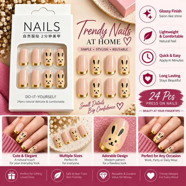 24_Pcs_Cute_Bunny_Press_On_Nails_For_Women_Pink_Nude_Artificial_Nails_With_Gold_Tips_Adorable_Rabbit_Design_Glossy_Diy_Manicure_Nail_Set