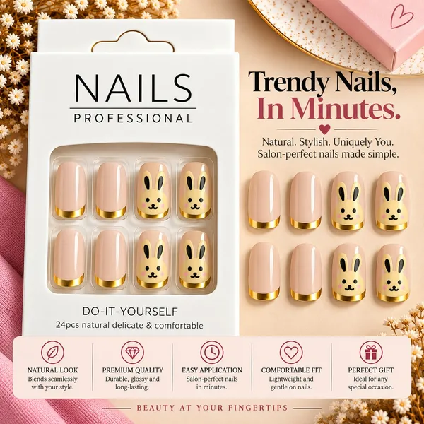 24_Pcs_Cute_Bunny_Press_On_Nails_For_Women_Pink_Nude_Artificial_Nails_With_Gold_Tips_Adorable_Rabbit_Design_Glossy_Diy_Manicure_Nail_Set