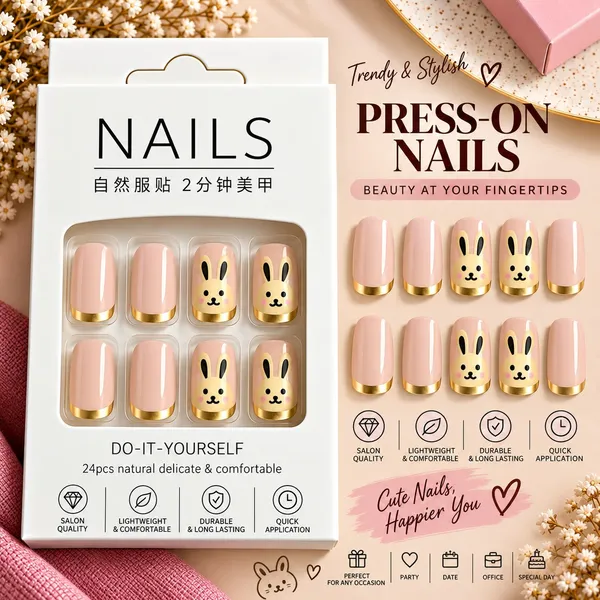 24_Pcs_Cute_Bunny_Press_On_Nails_For_Women_Pink_Nude_Artificial_Nails_With_Gold_Tips_Adorable_Rabbit_Design_Glossy_Diy_Manicure_Nail_Set