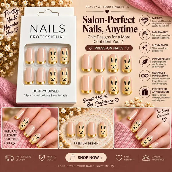24_Pcs_Cute_Bunny_Press_On_Nails_For_Women_Pink_Nude_Artificial_Nails_With_Gold_Tips_Adorable_Rabbit_Design_Glossy_Diy_Manicure_Nail_Set
